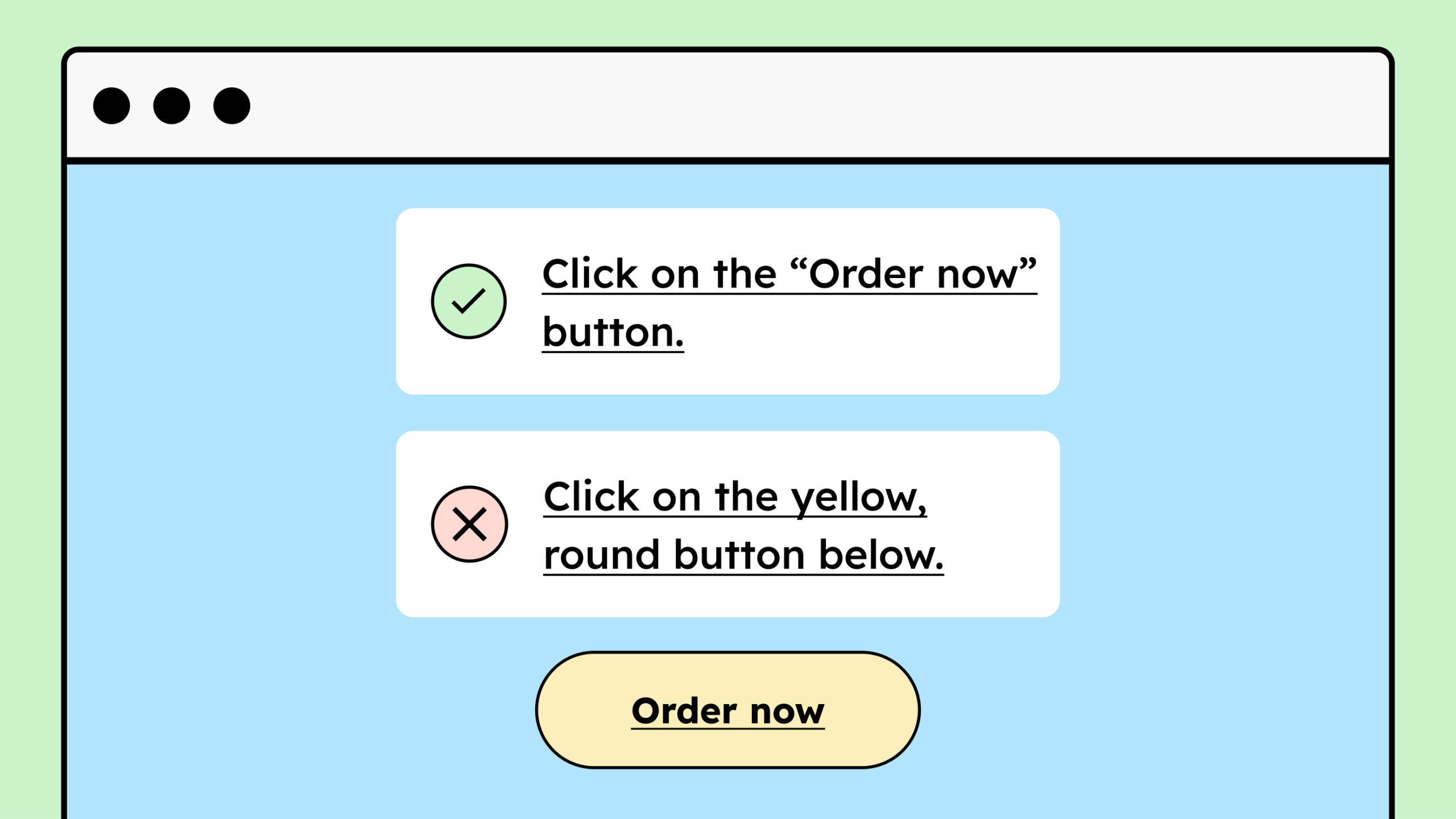 An OK symbol next to the text: "Click the 'Order now' button."; An error symbol next to the text: ";Click the yellow, round button below."; Both describe the button below, which says "Order now."