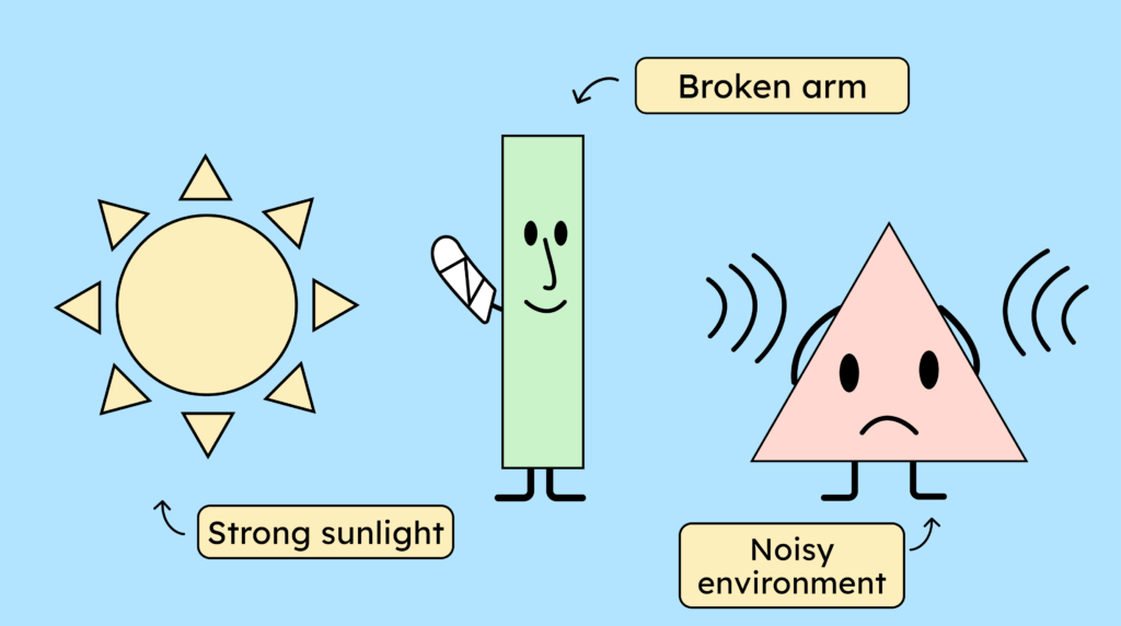 Illustration 3 different limitations: Noisy environment, a broken arm and a cataract.