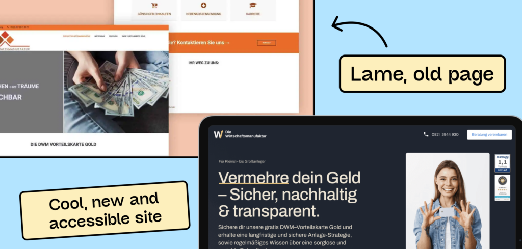 Comparison of the website of Wirtschaftsmanufaktur. First, you see a very old and simple layout. Next to it, a lively, modern layout.
