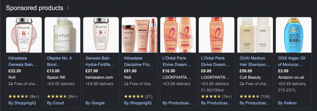 The first 6 Google results from Google Ads when searching for shampoo.