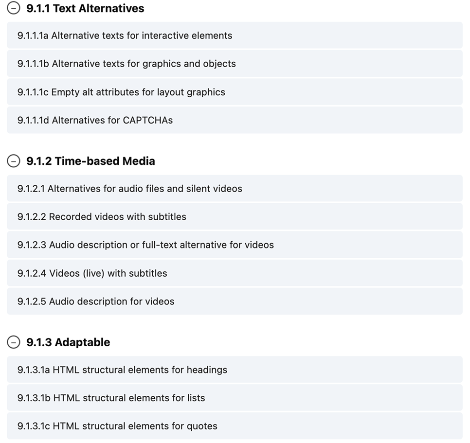 A screenshot of the BIK-BITV test steps: 9.1.1 Text alternatives, 9.1.2 Time-based media, and 9.1.3 Adaptable, with their respective sub-steps.