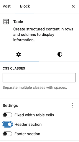 The menu in WordPress for making further settings for a table.