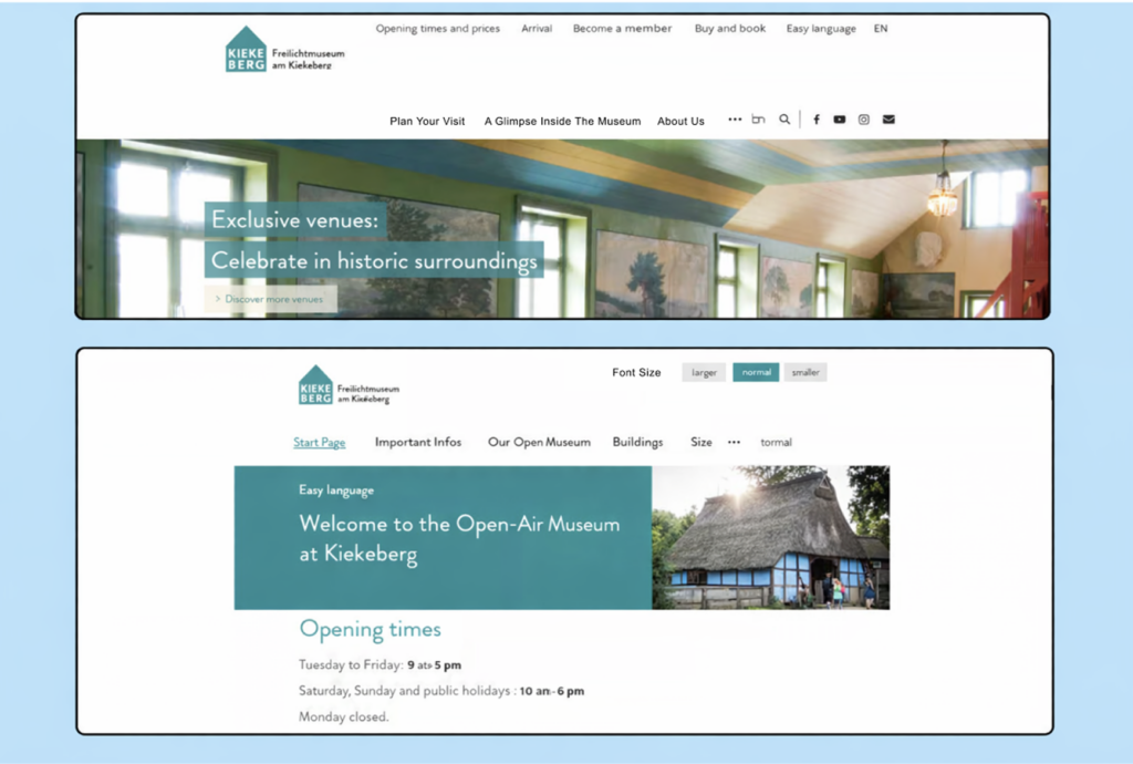 The Kiekeberg Open-Air Museum offers a button for simplified language in the navigation bar, which simplifies the entire page, including the design.