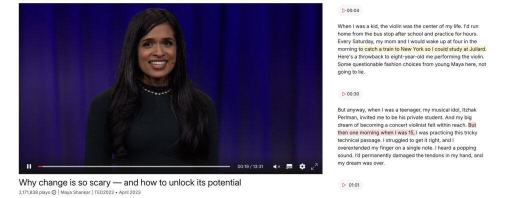 Screenshot of the website Ted.com. A transcript is provided via a button directly below the video, in addition to the mandatory subtitles. The spoken text is highlighted. There are also timestamps for jumping directly to specific sections, and you can choose between several languages.