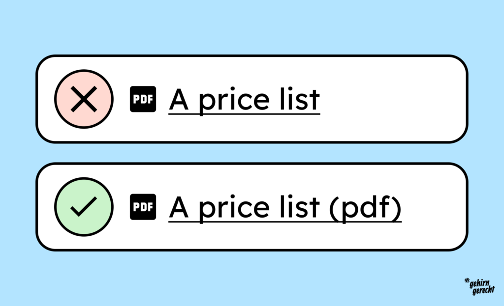 Error symbol and a link with a PDF icon, below which is a confirmation symbol and a link with an icon; this link has the addition "PDF" next to it.