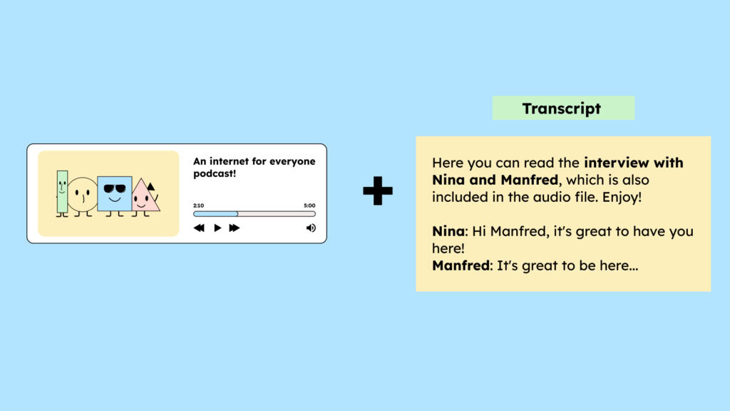 Graphic explaining what a transcript is, showing a podcast player with cartoon hosts on the left and a written transcript of the dialogue on the right.
