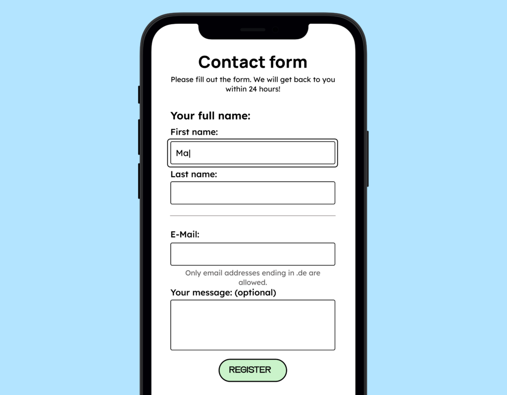 Smartphone screen showing a contact form with fields for full name, email, and an optional message, including a partially filled first name field and a green “Register” button.