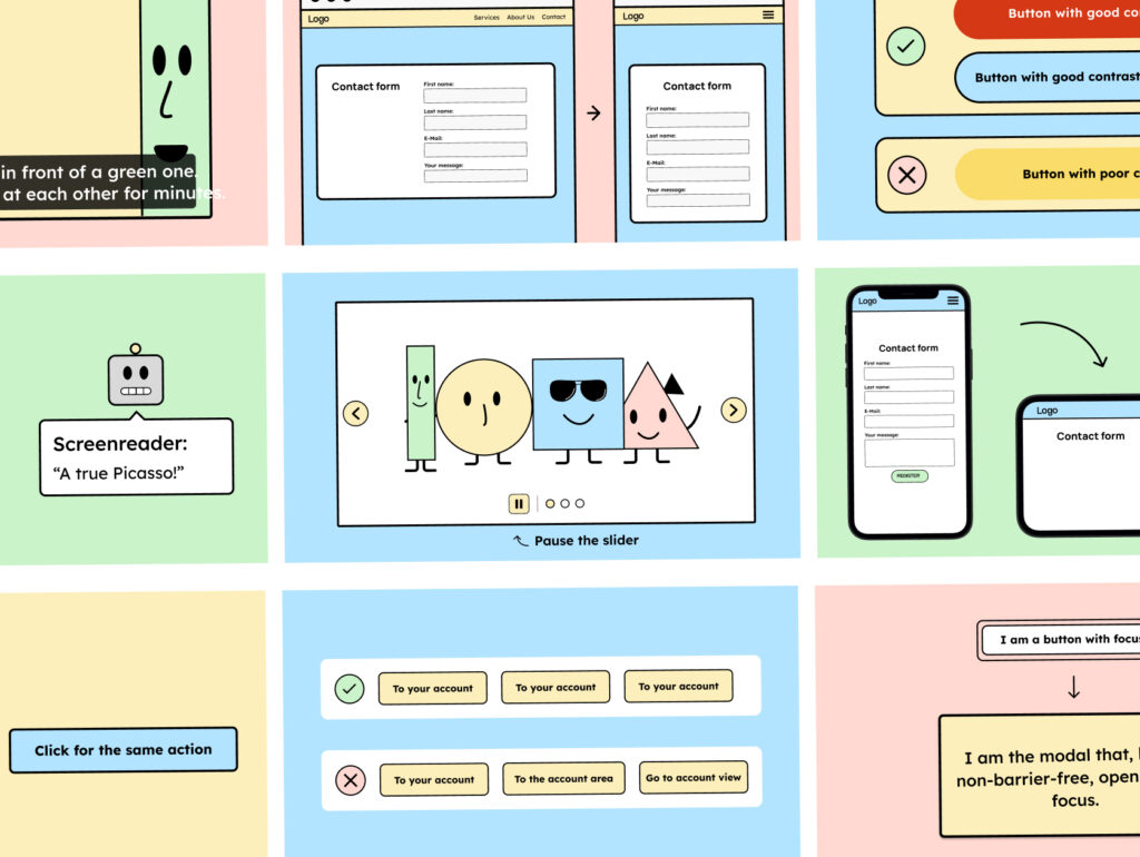A compilation of twelve small images. These are images that will be used on the next page to explain the WCAG criteria.