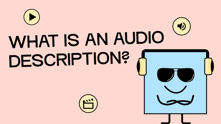 Our blind mascot Manfred is wearing headphones and smiling happily.