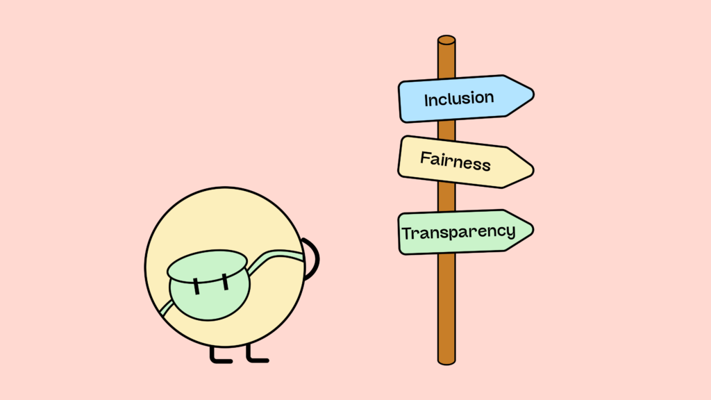 A small figure with a backpack is looking at a signpost pointing in the direction of inclusion, fairness and transparency.
