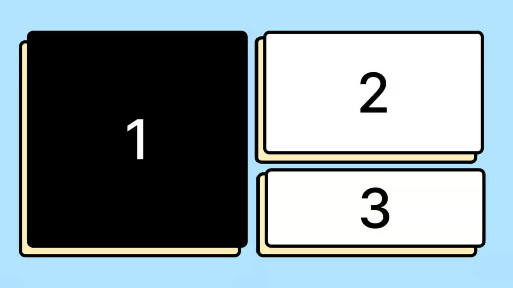 Three boxes. The first is large and on the left, containing the number one. The second box is white and in the upper right corner, containing the number two. The last box is also white but slightly narrower, containing the number three. The boxes are visually distinct, thus conveying the idea of hierarchy.  