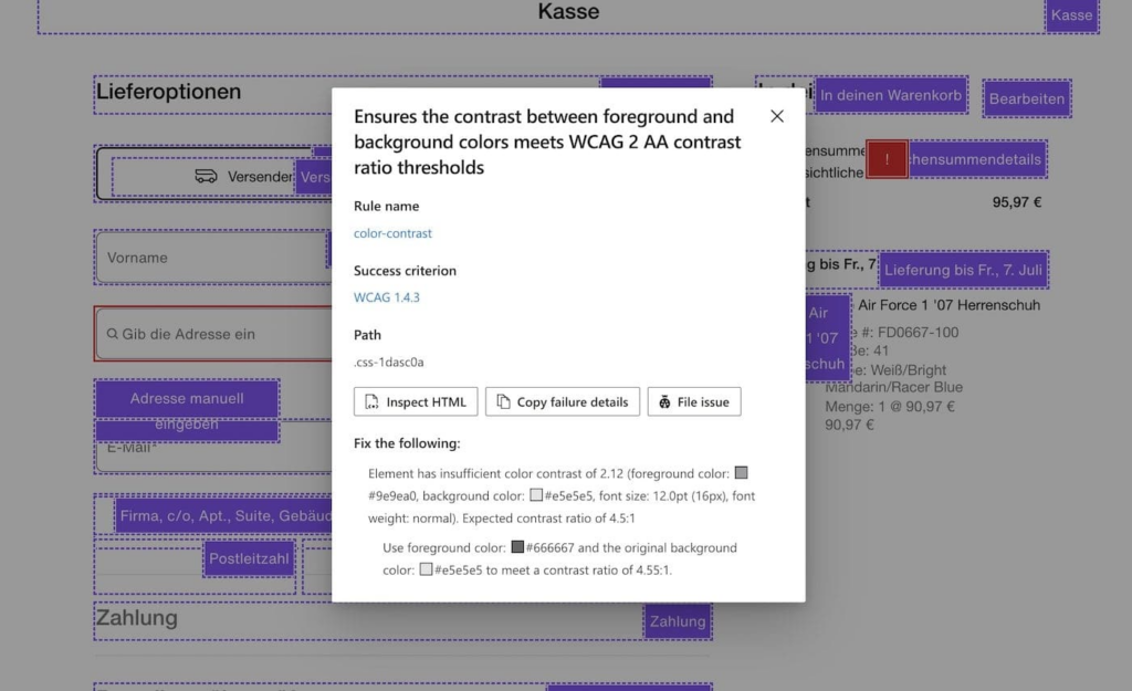 An error has been detected in an online shop's checkout process. An accessibility tool has opened a pop-up stating that the button does not have the correct contrast.