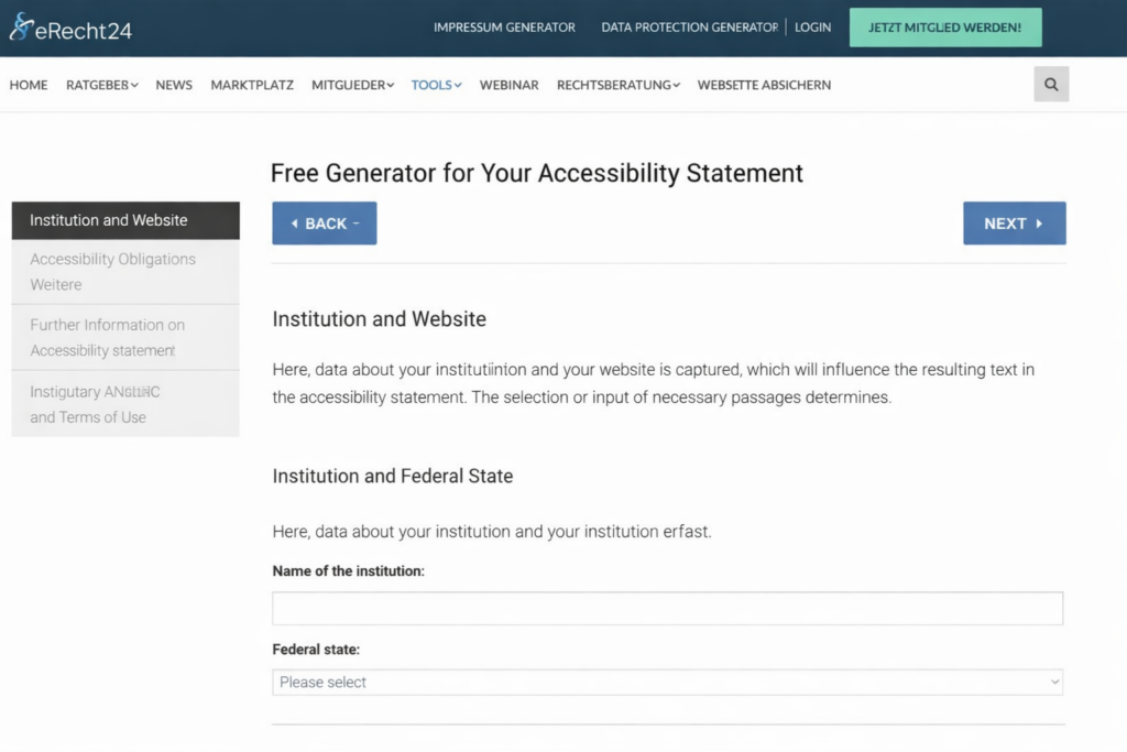 Screenshot from the homepage of the free accessibility statement generator from eRecht24