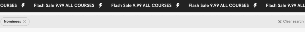Screenshot of scrolling text on a website. The text reads "Flash Sale 9.99 ALL COURSES" followed by a lightning bolt icon.