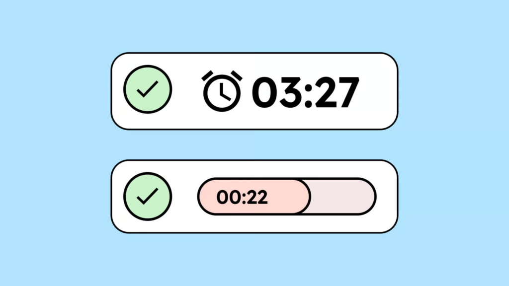 Two accessible timer designs, both with a green checkmark: one showing a clock icon with the time 03:27, and one showing a progress bar displaying 00:22.