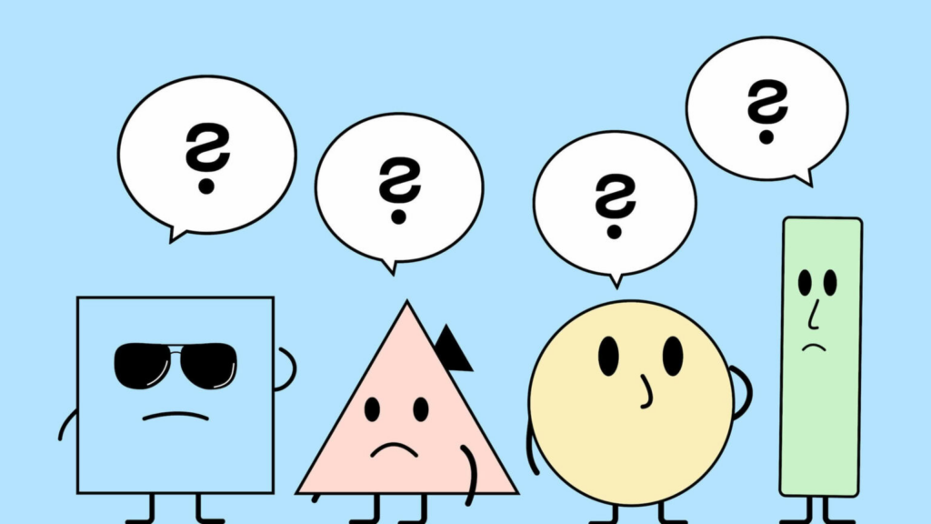 Our four mascots are all standing next to each other with big question marks above their heads.