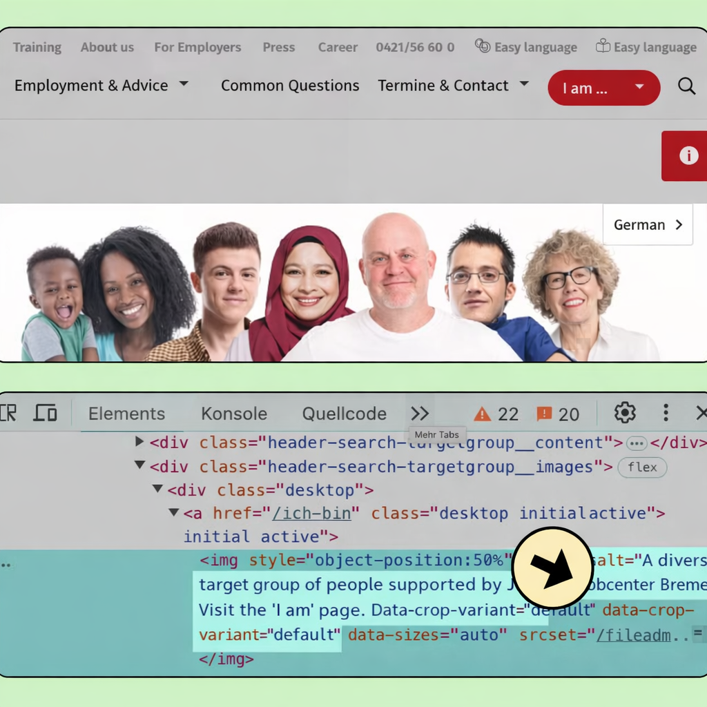 A translated job center website header with English navigation and HTML code showing an image alt tag.