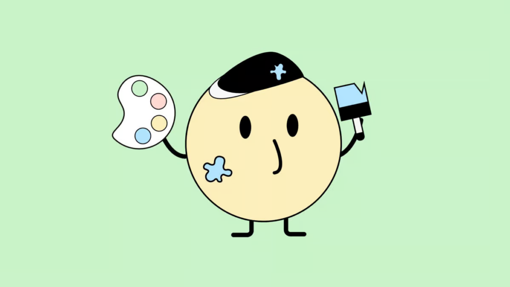 A comic character holds a paint palette and a brush in his hand and has paint stains on his face and on his painter's hat.