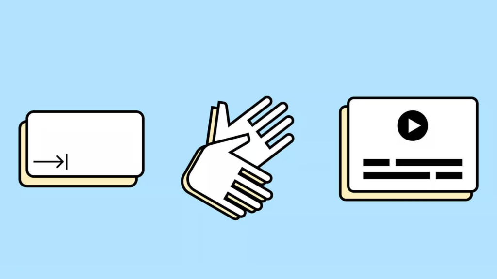 There are three icons. The first is a tab symbol, indicating that the website can be navigated without a mouse. The second icon is two hands, symbolizing sign language. The third icon is a video player with subtitles.