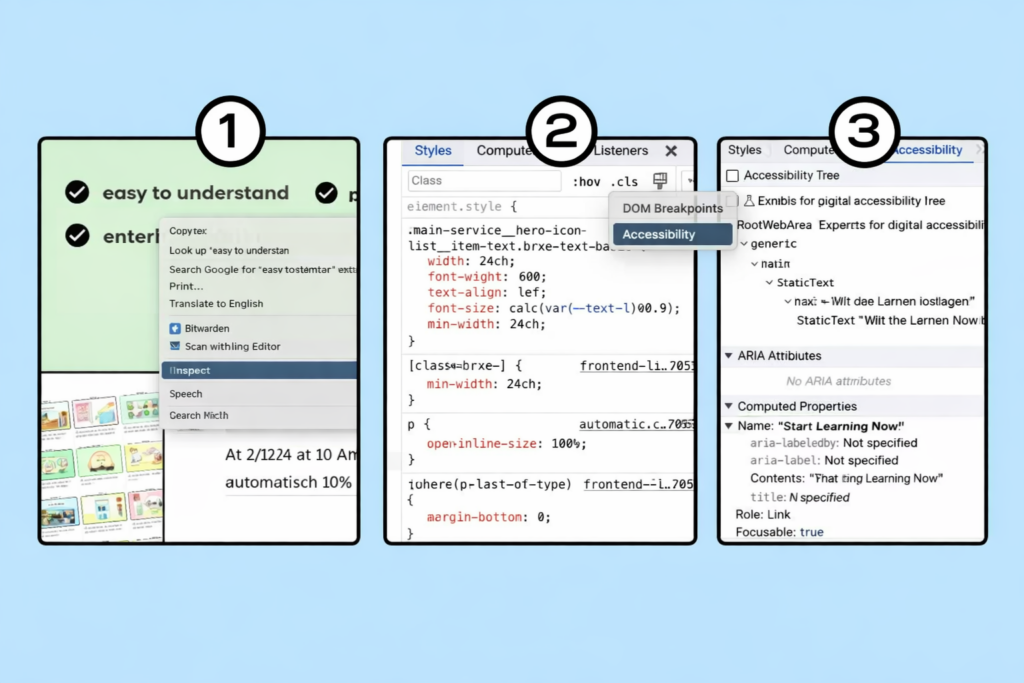 The three steps to access the Accessibility Tree in Chrome are shown with three screenshots.