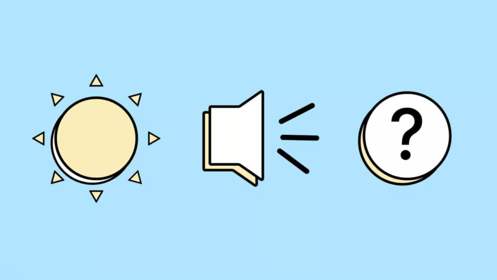 There are three icons. The first is a sun. This icon is meant to convey that a website or app should be readable even in bright sunlight. Therefore, high color contrast is necessary. The second icon is a speaker. It symbolizes the presence of background noise and the need for features like subtitles on a website. The third icon is a question mark. This symbolizes that users are often confused and need help, for example, through tooltips on websites.