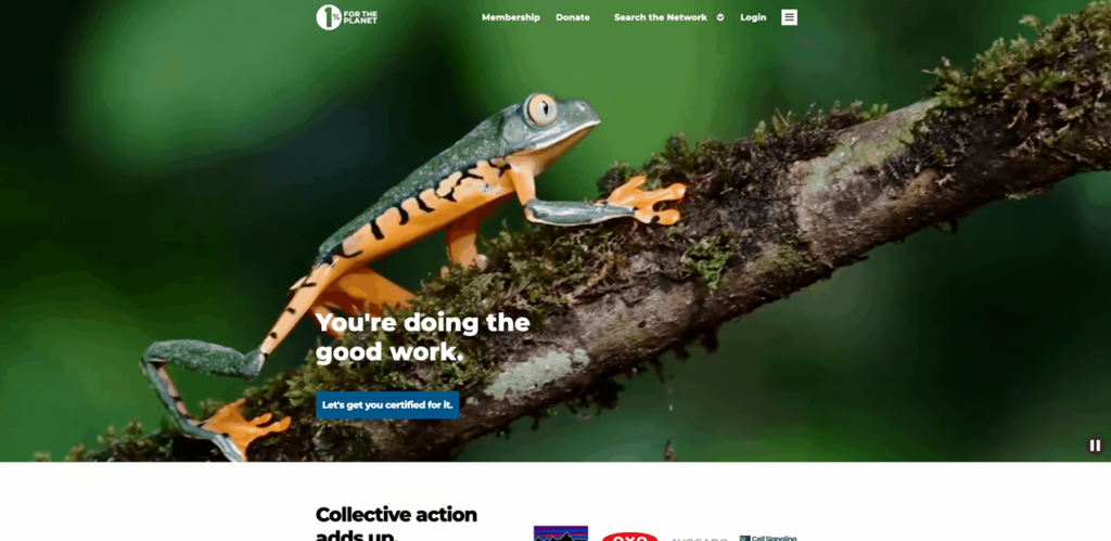 A screenshot of the header area of the website One Percent for the Planet. A video is visible in the background of the header, which can be paused using a stop button in the bottom right corner.