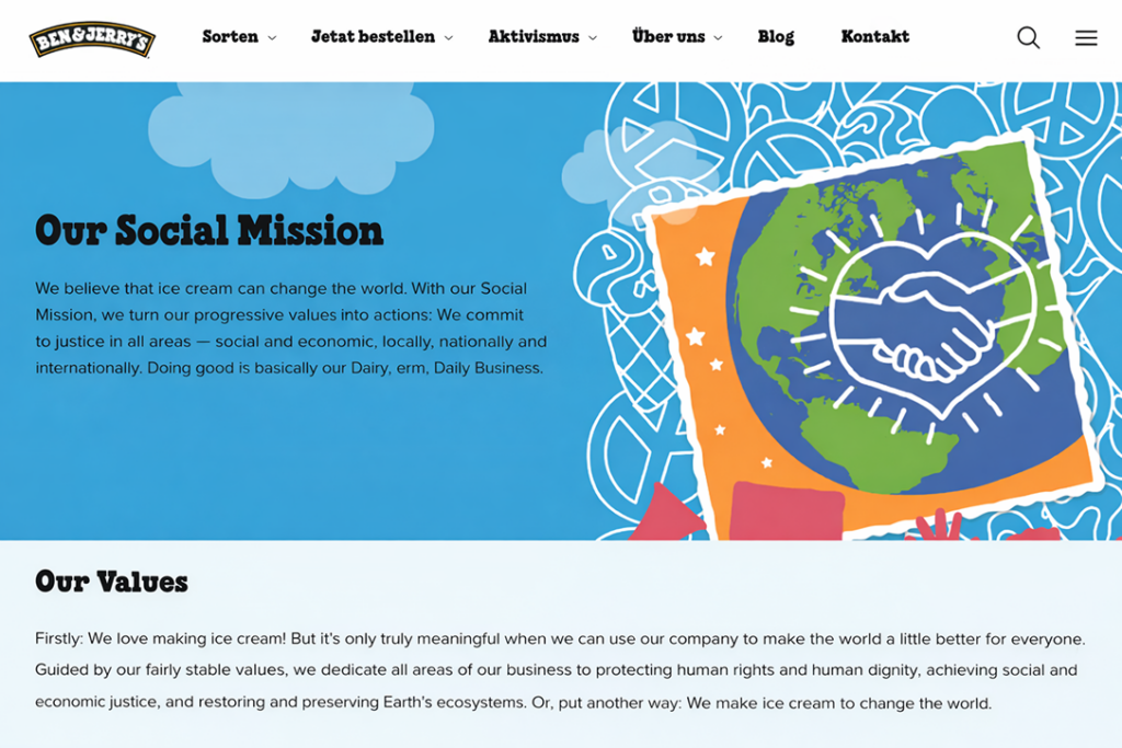 A screenshot of the website of Ben and Jerry's, a company committed to social inclusion. On their site, they write about their social mission and their values.