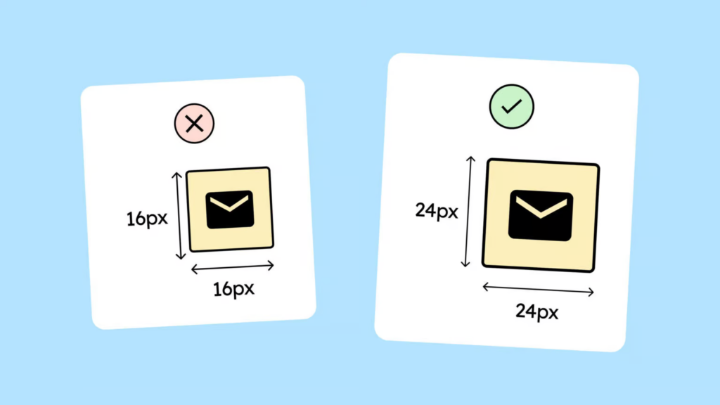 Two buttons with icons are visible. The first is only 16 by 16 pixels and therefore too small. The second is 24 by 24 pixels and therefore large enough.