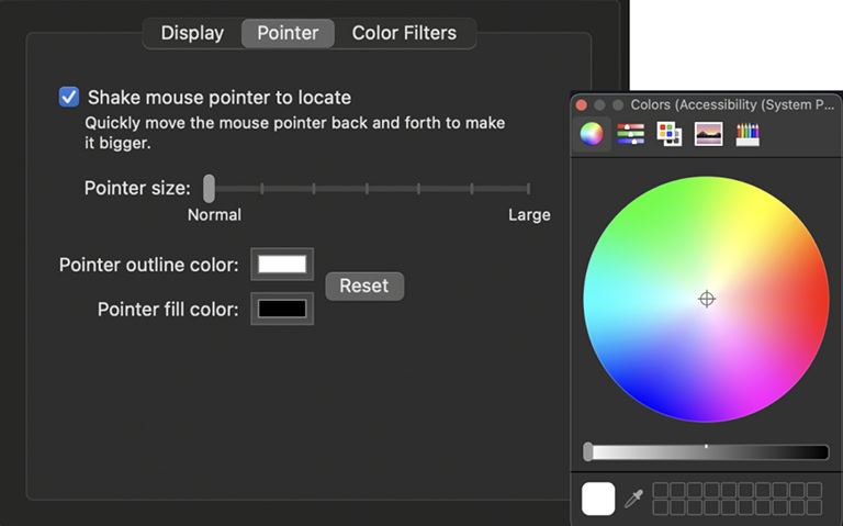 Screenshot of system settings in the Mac operating system. Menu item: Change color and size.