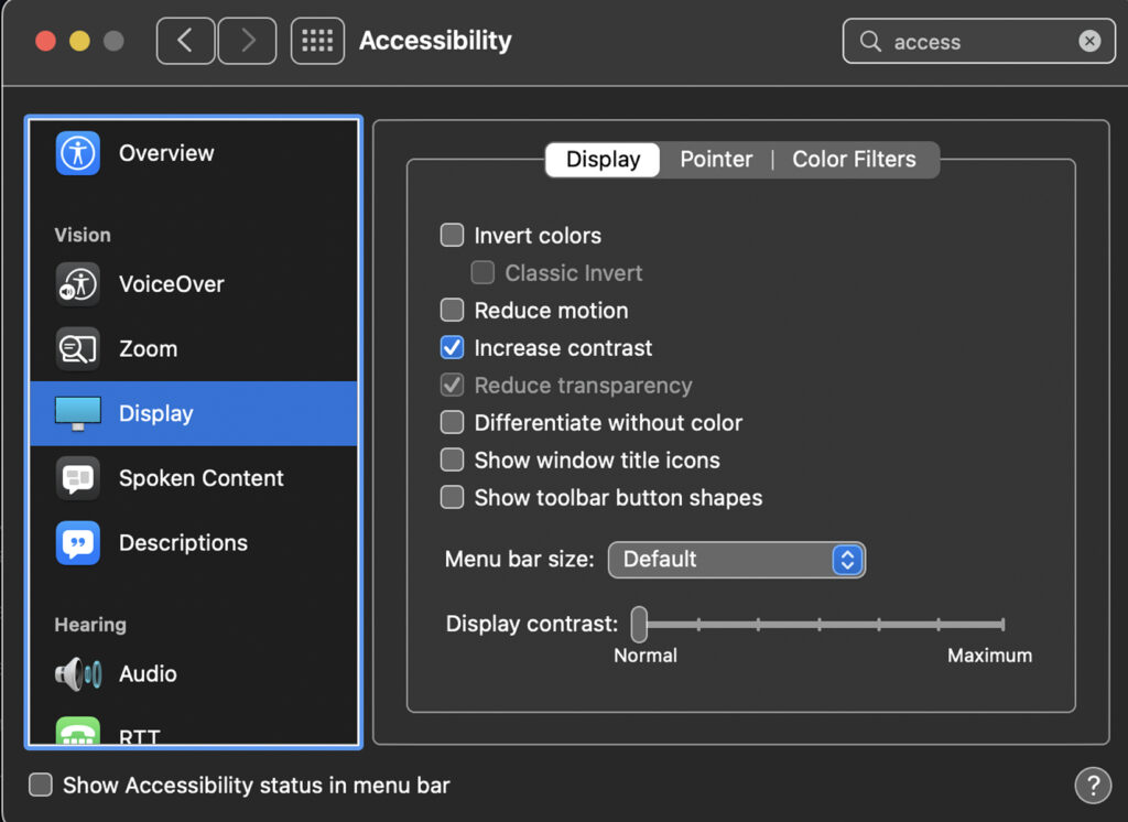 Screenshot of the accessibility settings display on a Mac.