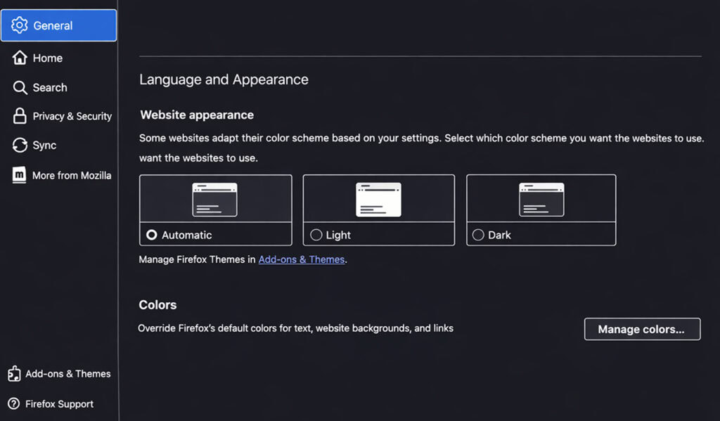 Screenshot of dark mode in Firefox.
