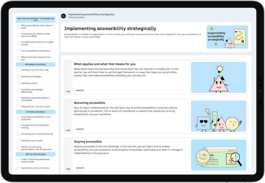 Screenshot of some of the course content in a tablet mock-up.
