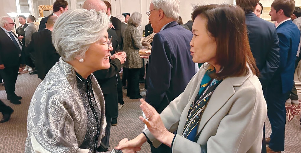 Michelle Park Steel (right) greets Kang Kyung-wha at a 2025 PCI event, both later serving in key U.S.–South Korea diplomatic roles.