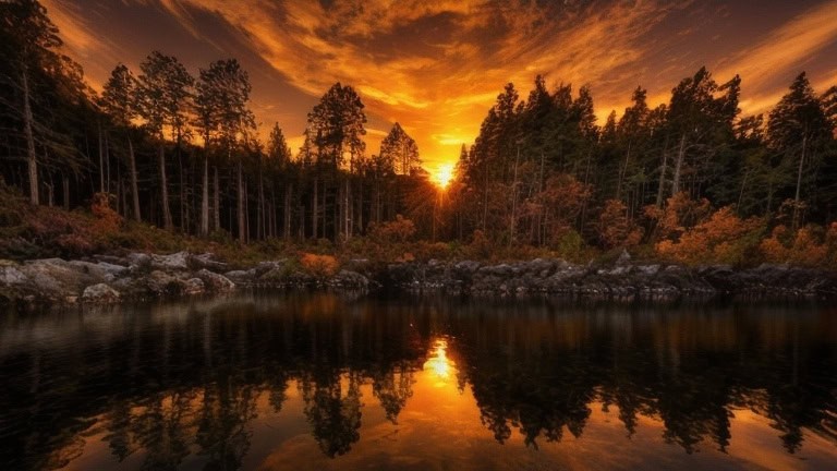 forest lake at the sunset