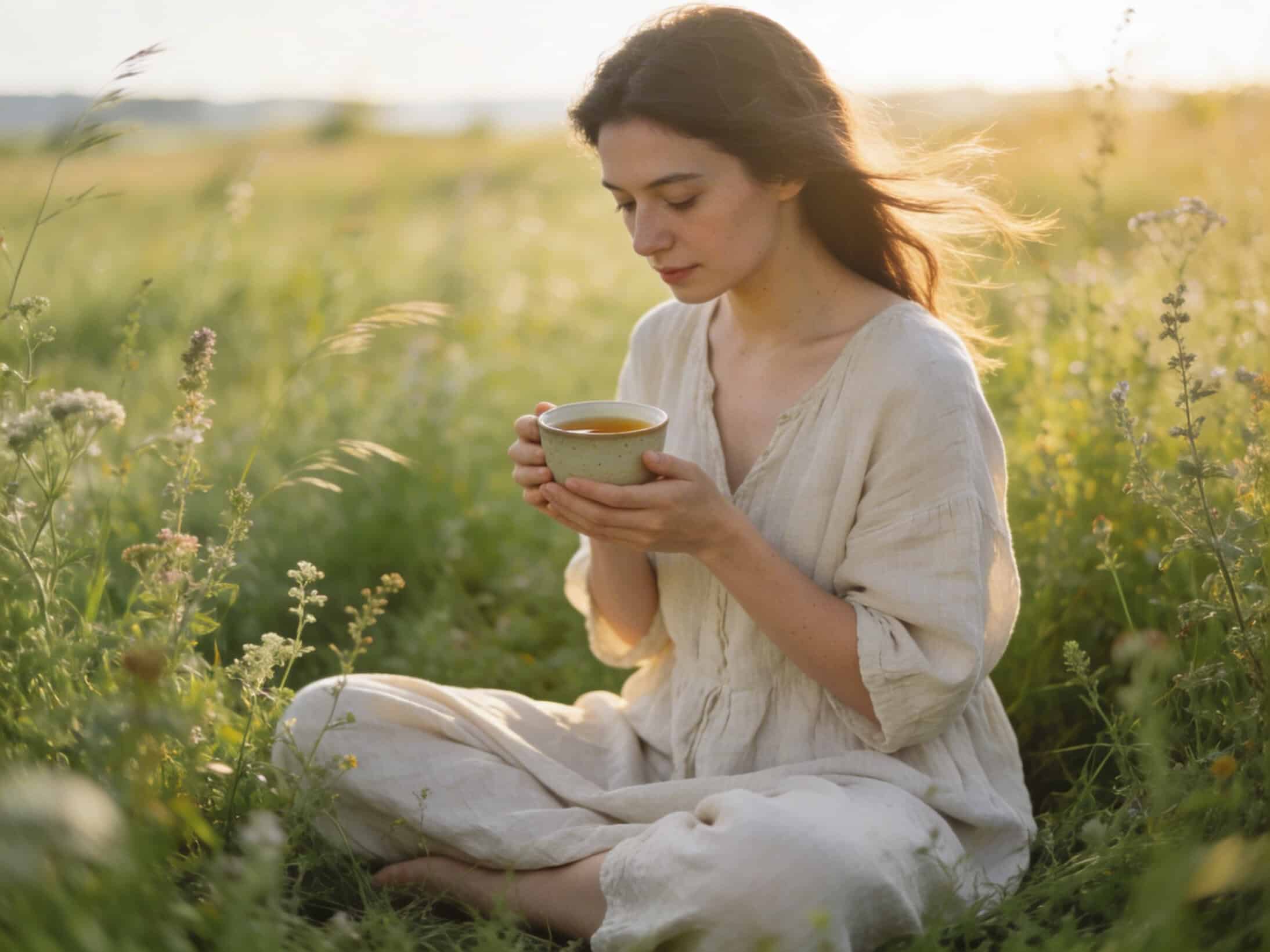 sitting outside in a field