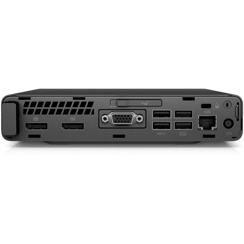 HP ProDesk 600 G3 Tiny Desktop Back View | USB, HDMI, Ethernet Ports Back view of HP ProDesk 600 G3 Tiny Desktop showing ports and connectors including USB, DisplayPort, and Ethernet
