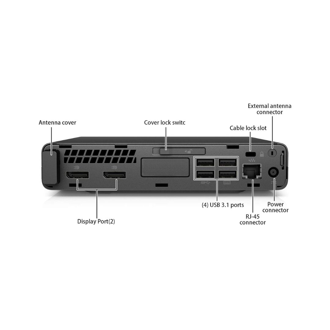 HP ProDesk 600 G3 Tiny Desktop with Intel i3-7th Gen | Front View with Ports HP ProDesk 600 G3 Tiny Desktop with Intel i3-7th Gen | Refurbished | Ports and Connectors Overview