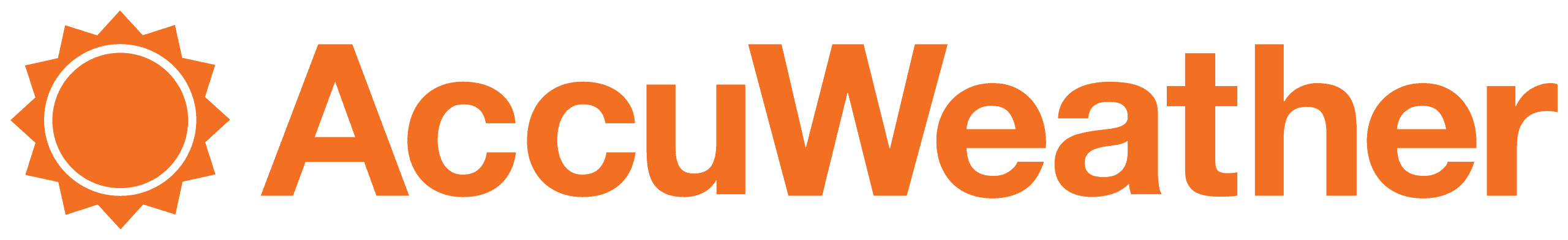 AccuWeather logo featuring an orange sun icon followed by the word "AccuWeather" in orange text on a transparent background.