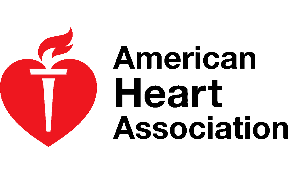 Logo of the American Heart Association featuring a stylized white torch on a red background, with the organization's name written in black to the right of the torch.