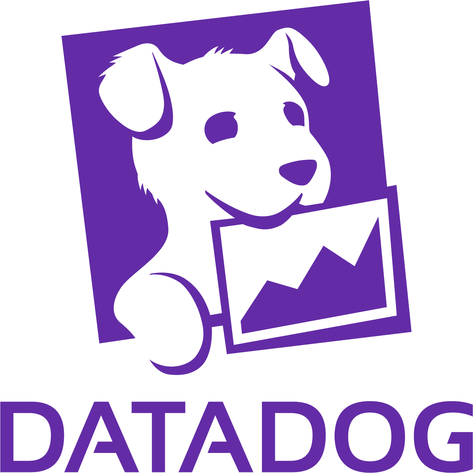 Logo for Datadog featuring a purple cartoon dog holding a line graph in its mouth. The word "DATADOG" appears below the dog.