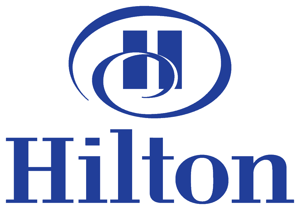 Blue Hilton logo featuring a stylized 'H' within a circular design above the word "Hilton" in capital letters.