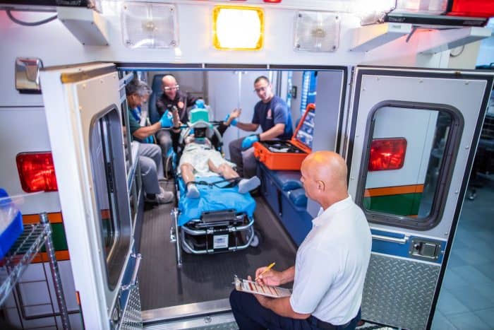 Instructors and students at the Gordon Center take part in an emergency simulation. 
