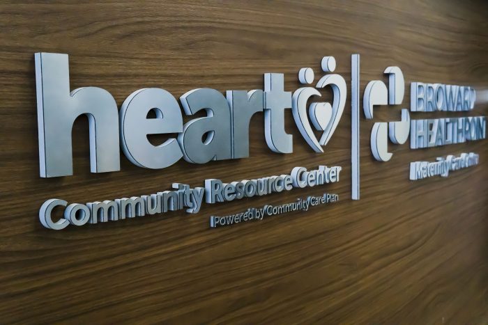 Sign for Broward Health's new Maternity Care Center and Heart Community Resource Center.