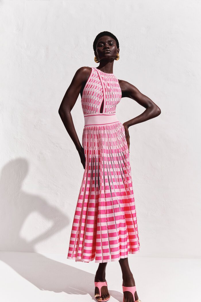 Vestido Midi Plissado Listras Bicolor - Imagem 4