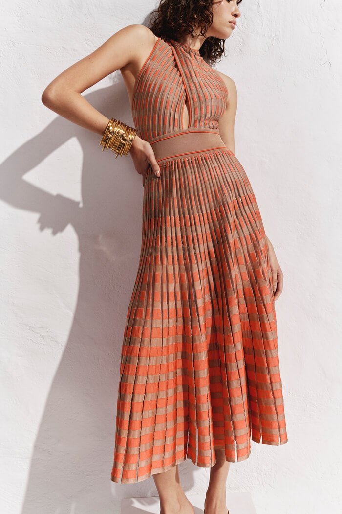 Vestido Midi Plissado Listras Bicolor - Imagem 8