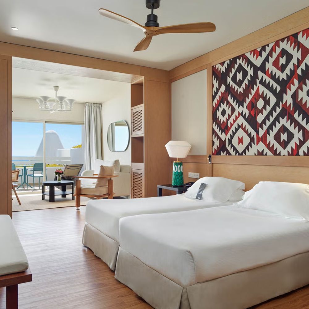 Hotel room with twin beds.