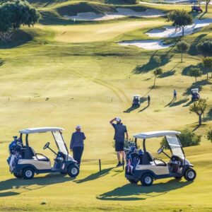 Carritos de golf en un campo de golf.