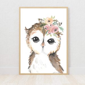 Woodlands girl owl with flower crown watercolour nursery art print on Fabriano paper by Euphoria Artwork