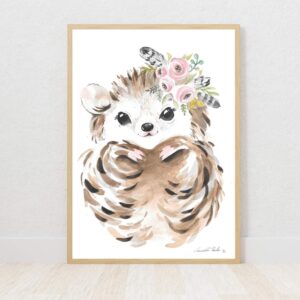 Woodlands girl hedgehog with flower crown watercolour nursery art print on Fabriano paper by Euphoria Artwork