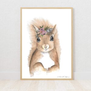 Woodlands girl squirrel with flower crown watercolour nursery art print on Fabriano paper by Euphoria Artwork
